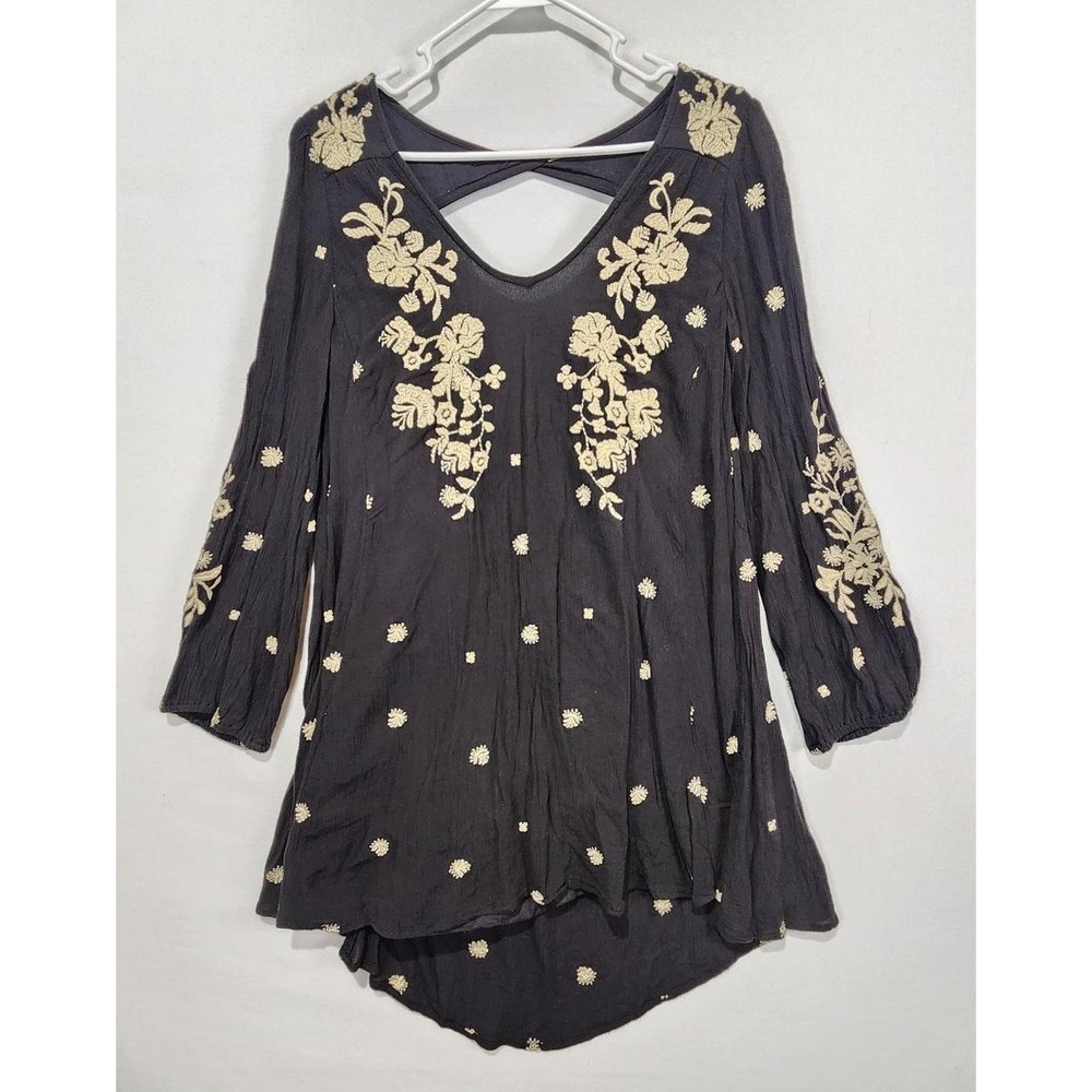 Free People Women's M Dark Gray Embroidered Tunic Top Boho Criss Cross Back